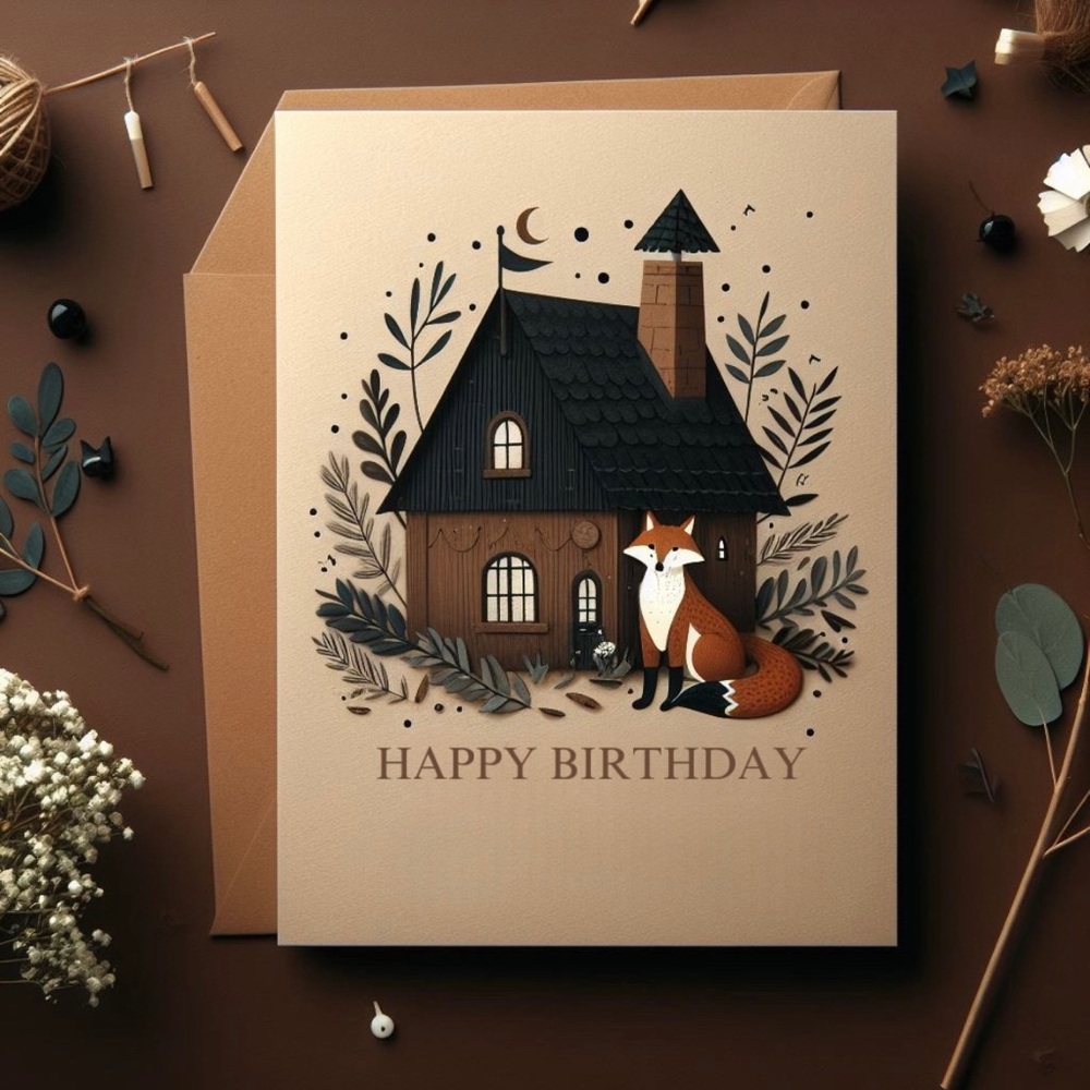 Handmade Cabin And Fox Birthday Card